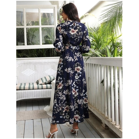 New Allover Floral Print Self-Tie Swing Maxi Dress Navy Blue Size Medium NWOT - Picture 3 of 7